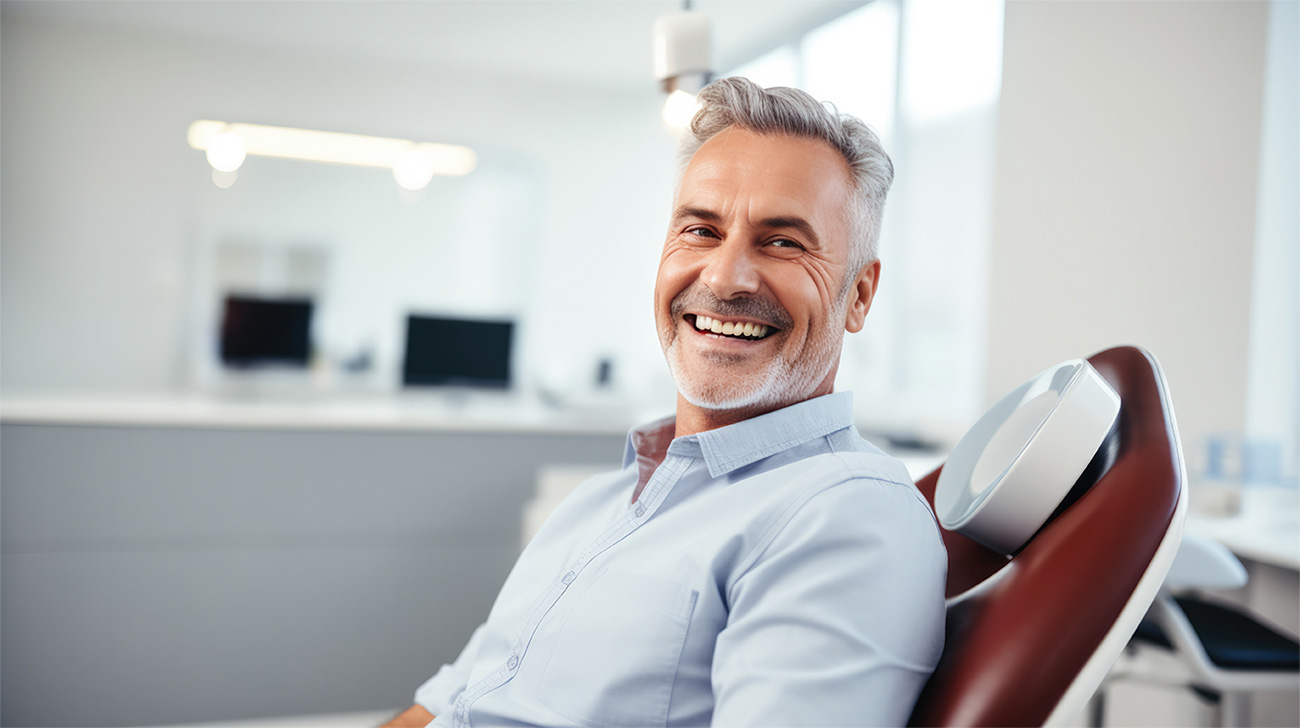 Mature patient smiling after dental treatment